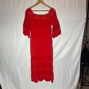 Vintage 1970s Mexican Red Pintuck Bell Sleeve Crochet Maxi Wedding DRESS Boho